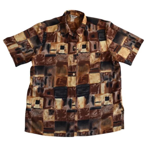 Vintage 80s Abstract Button Up Shirt XL, Black and Brown Artsy Print - Picture 1 of 5